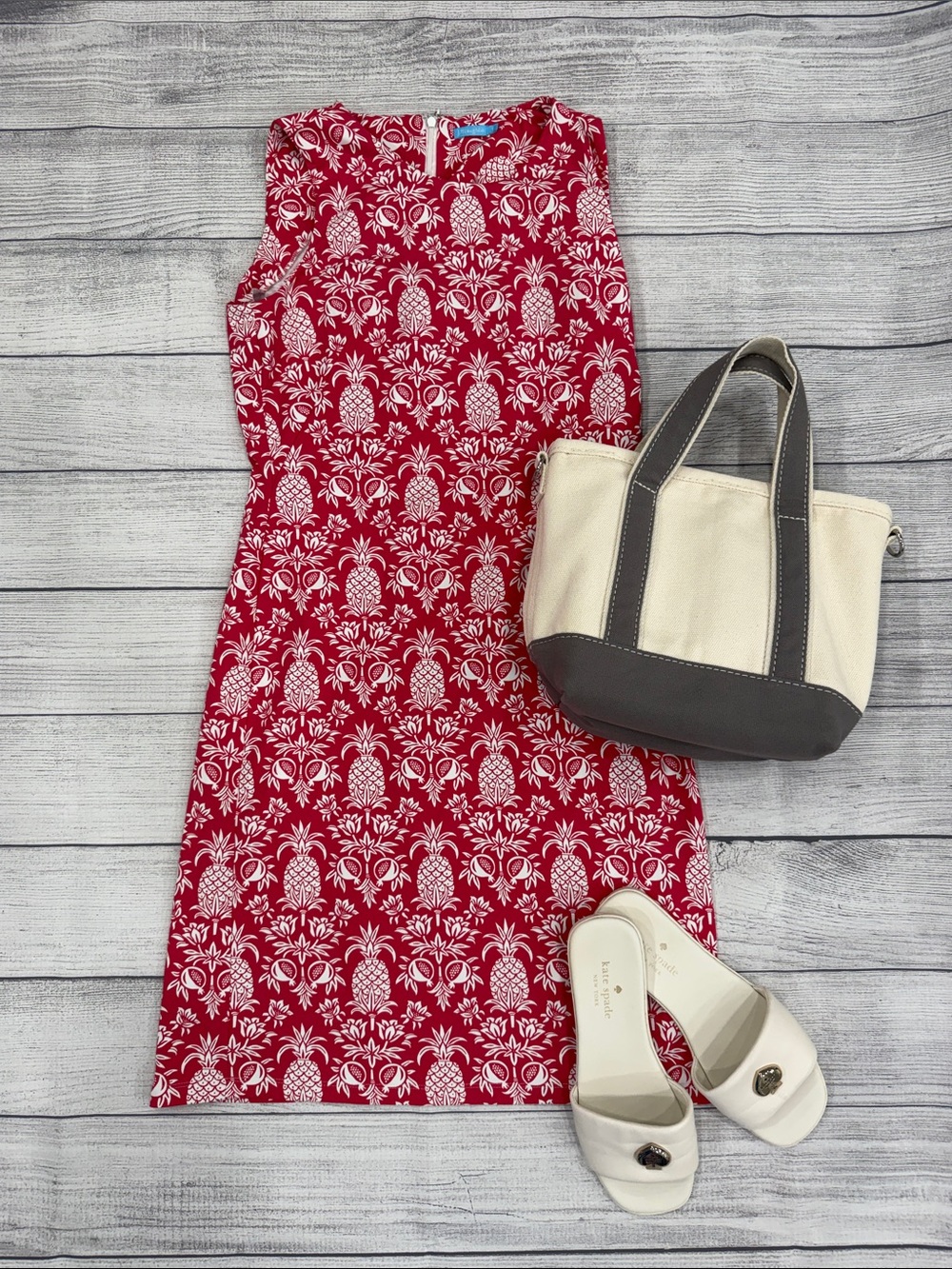 J. McLaughlin Red White Pineapple Print Sheath Dress Sleeveless Size S - Picture 6 of 6